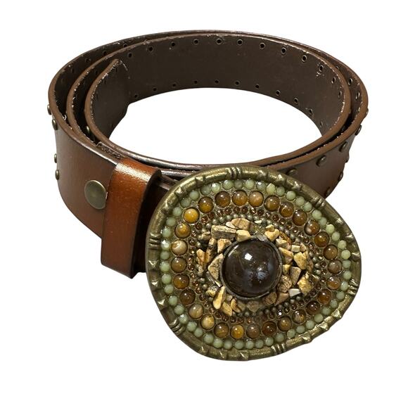 Brown Leather Belt with Stone Studded Buckle - Picture 1 of 6